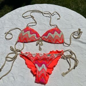 Luli Fama Flamingo Beach Molded Push Up Bikini Pink and Orange
